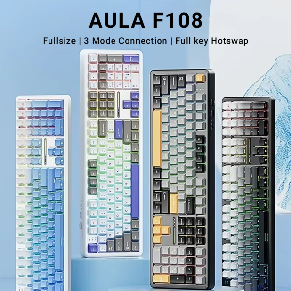 [AULA F108] Bàn phím cơ AULA F108 - 3 Mode kết nối -Thiết kế mạch xuôi - LED RGB 16 triệu màu - Full Key hotswap
